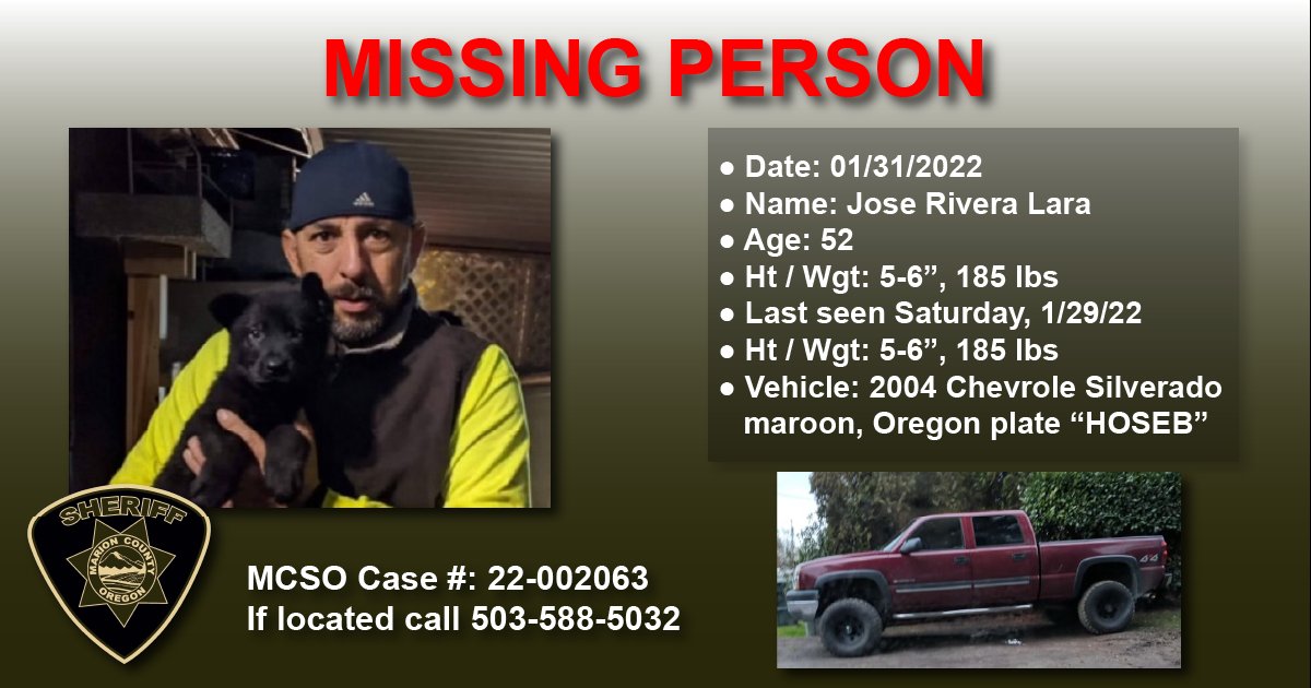 MCSOInTheKnow's tweet photo. Deputies are searching for an overdue motorist last seen on Saturday, January 29, 2022. If you've seen Jose Rivera Lara (52) please call us at 503-588-5032.

https://t.co/nG6wevmsf5 https://t.co/kfTN89F4lj