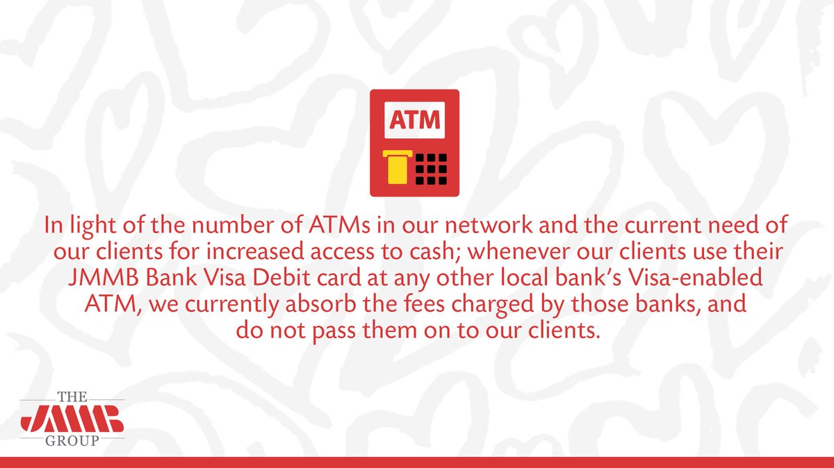 JMMBGroupJA's tweet image. Whenever our clients use their JMMB Bank Visa Debit Card at any other local bank's Visa-enabled ATM, we currently absorb fees charged by those banks #JMMB