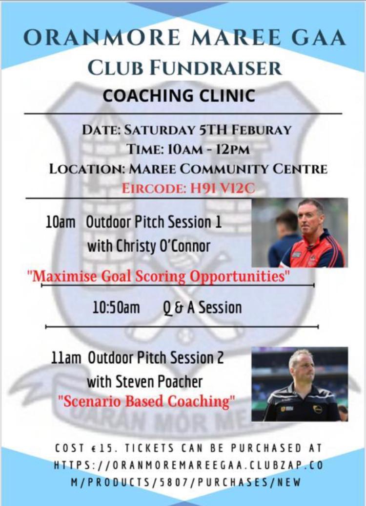 <a href="/GAAMareeOran/">Oranmore-Maree GAA</a> GAA Coaching Clinic with <a href="/chrisocfl/">Christy O'Connor</a> &amp;  <a href="/Stevie_Poacher/">Steven Poacher</a> on Saturday 5th February at Maree Community Centre, nr Oranmore. Register online at oranmoremareegaa.com <a href="/Ganboy1/">Tim O'Connor</a> <a href="/Galway_GAA/">Galway GAA Official</a> <a href="/CoachingGalway/">Galway GAA Coaching & Games</a> <a href="/Galway_coaching/">Galway Camogie Coaching ED</a> @nuigalwaysport <a href="/Duffers26/">Micheál Duffy</a>