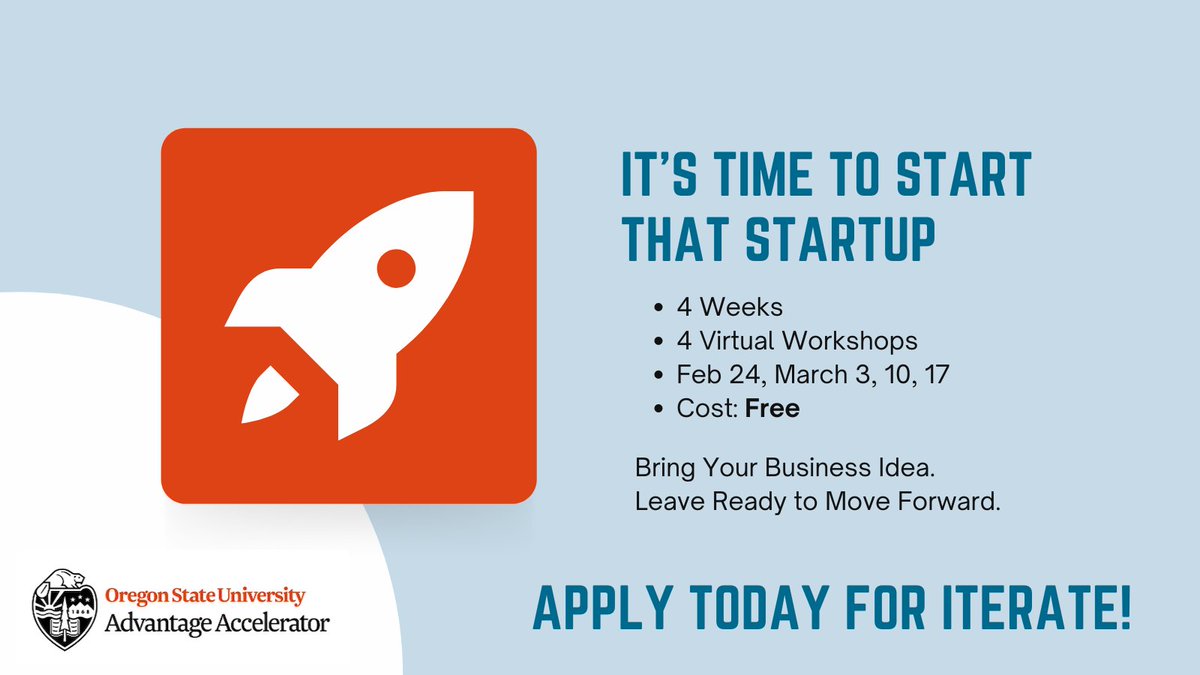 OSUAdvantage's tweet photo. Make your #businessidea come to life! The Winter 2022 Iterate Series application is now open.

Open to OSU students, faculty, staff and the surrounding community to inform and prepare them on essential aspects of starting a successful business venture.

https://t.co/vLfOdNUnJI https://t.co/mIi9PHCXgt