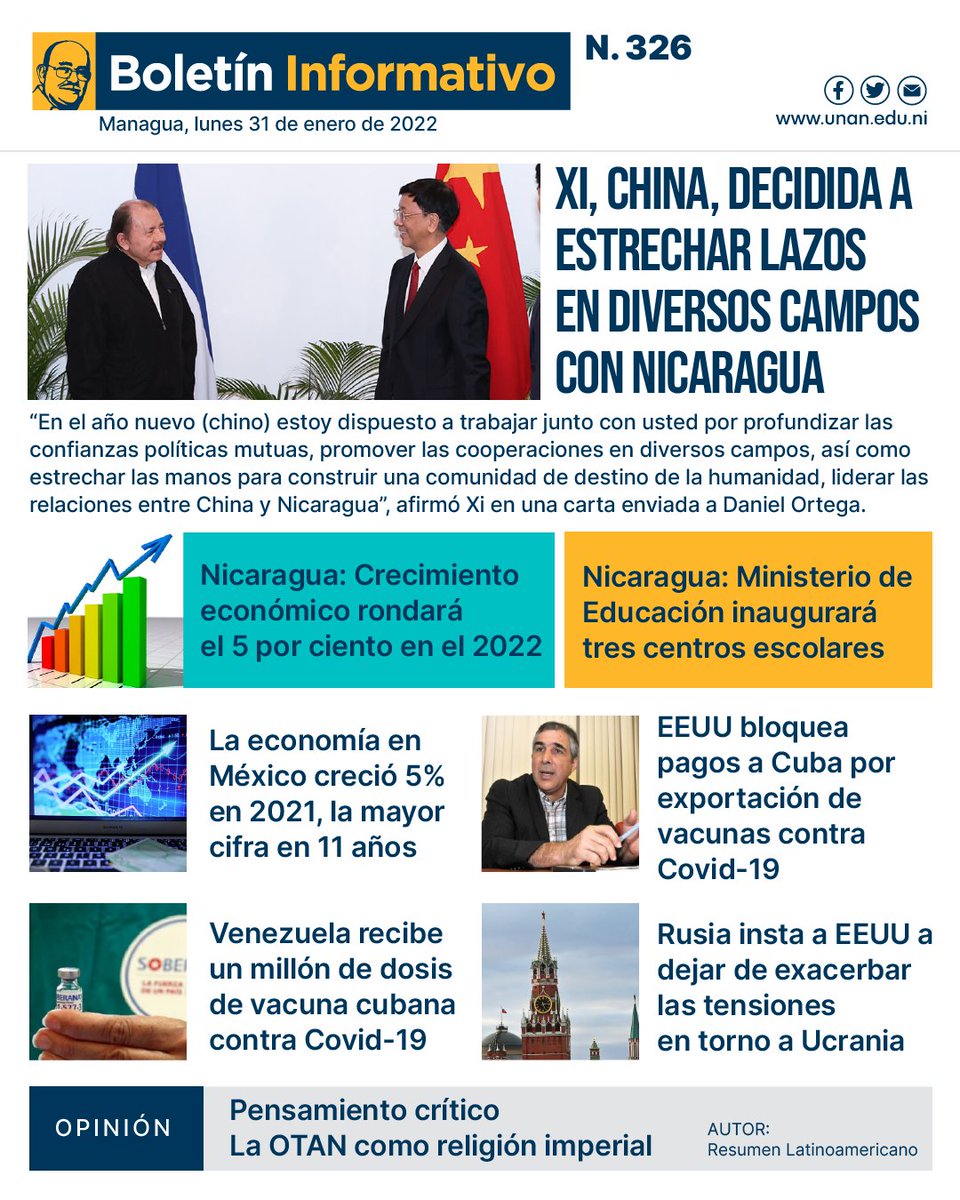 #31Ene | Boletín Informativo

📌 Nota destacada:
Xi, China, decidida a estrechar lazos en diversos campos con Nicaragua.

🌎 Contexto internacional:
Nicaragua, Perú, México, Venezuela, Argentina, EEUU, España, Israel, Yemen y Rusia.

📲 Más aqui:
unan.edu.ni/index.php/cedm…