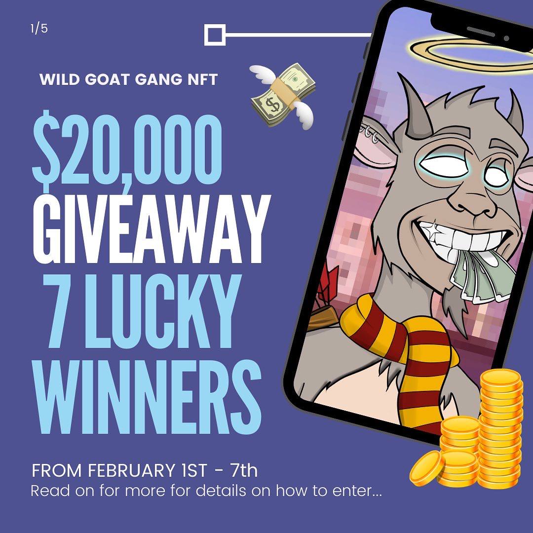WildGoatGangNFT's tweet photo. 1 Day Until Our 7 ETH Giveaway #WGGWEEK #7E7D! 💸⚡️

Every day we'll be giving away 1️⃣ ETH (Over $20,000) for 7 DAYS to those who mint a WGG NFT 🍀🎰

First RT, ❤ and comment this thread!

↓ Then read how it works ↓ https://t.co/pOG7fZWSz4