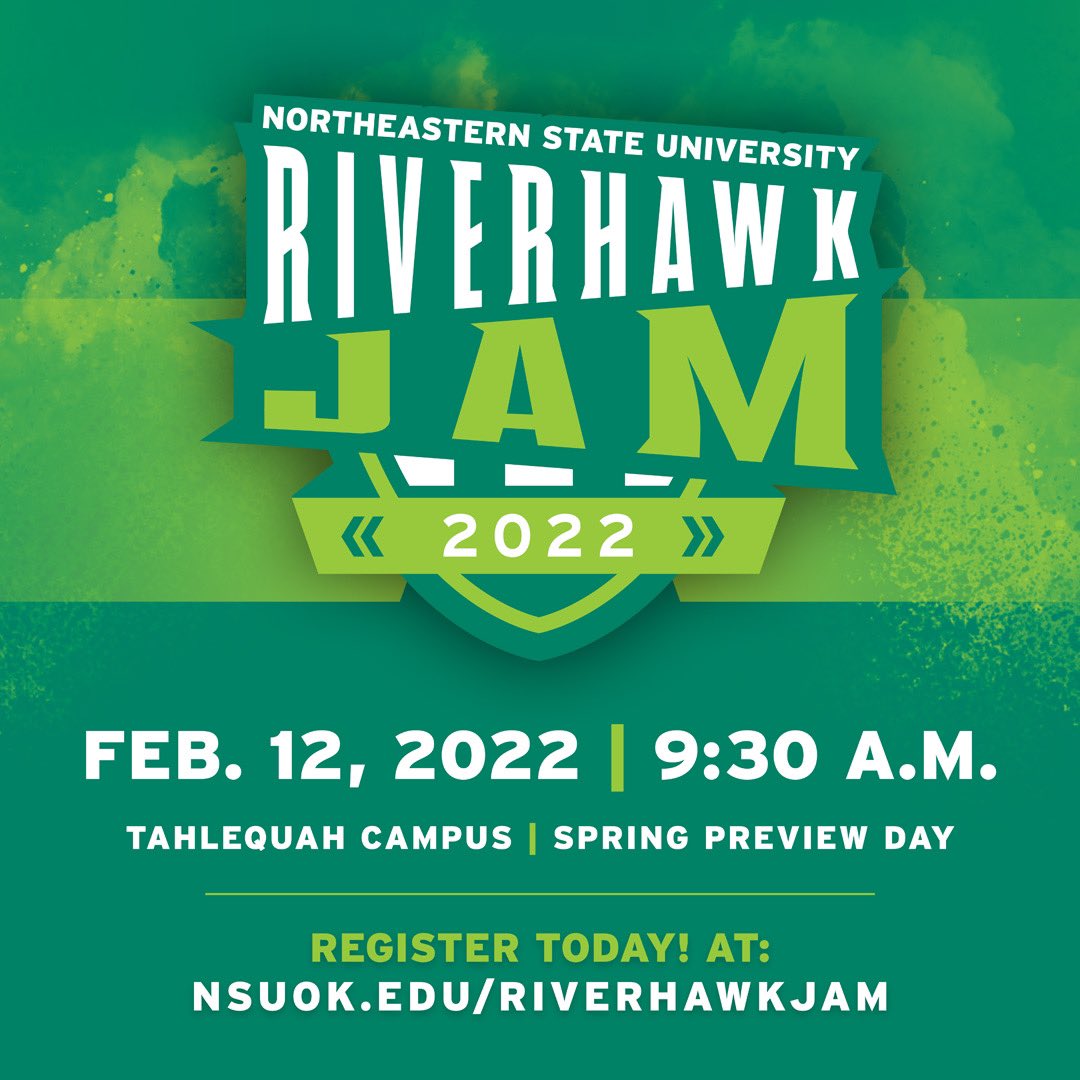 RiverHawk Jam is coming on February 12! Join us to learn about degree programs, meet student organizations, tour campus, and more! Register now at nsuok.edu/riverhawkjam! #nsubound