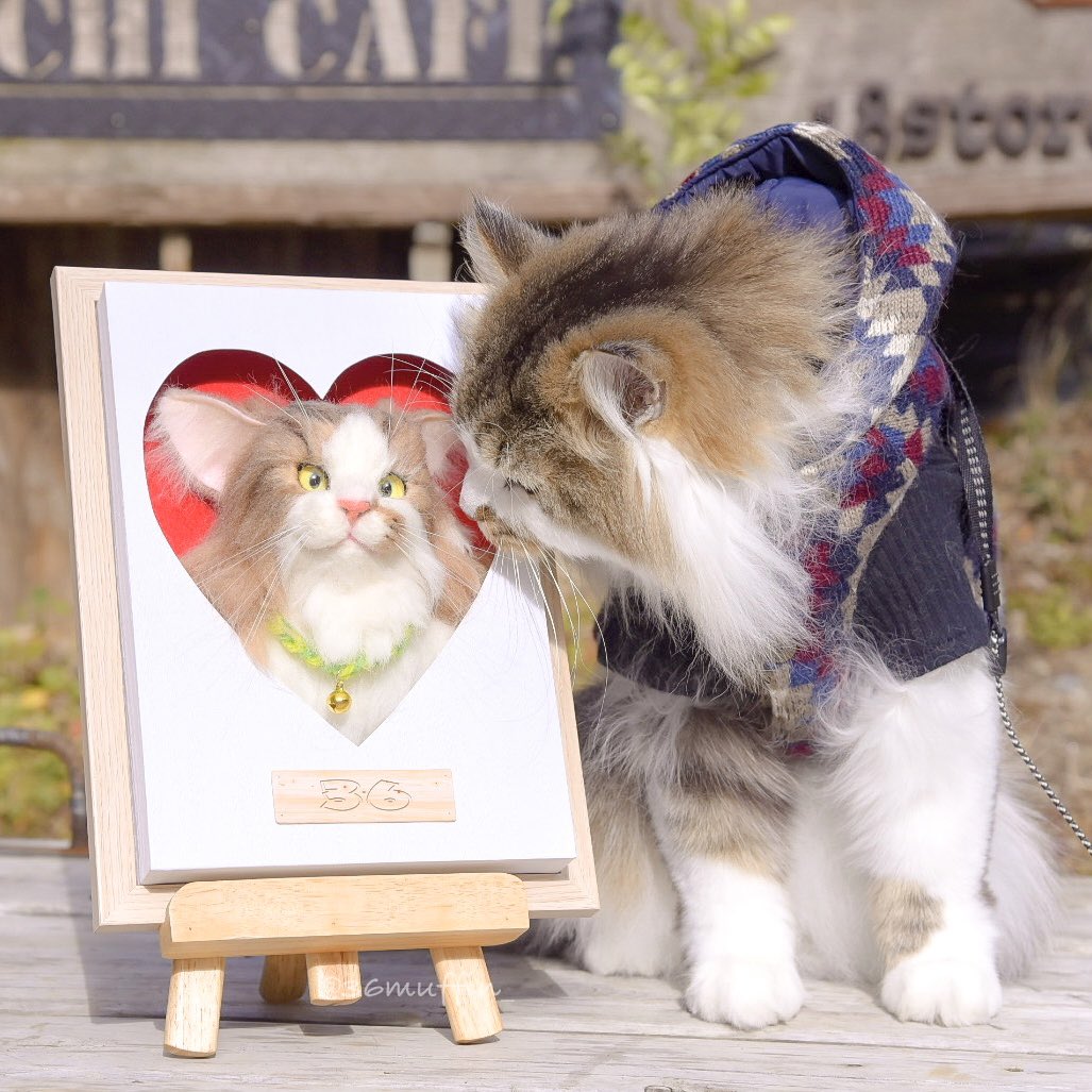 我が家の猫様」と題して羊毛フェルトで画像の様なハートの穴から顔を