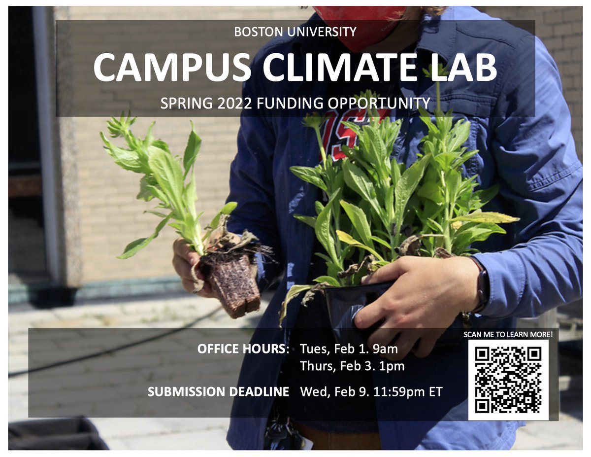 UrbanClimate_BU's tweet photo. The Boston University #CampusClimateLab is looking for proposals! @BU_tweets students &amp; faculty, submit your research idea to help advance #BUClimateAction by 2/9! 

Have an idea but need help refining your proposal or connecting with partners? Join us TOMORROW for office hours! https://t.co/BizOqXxdKH