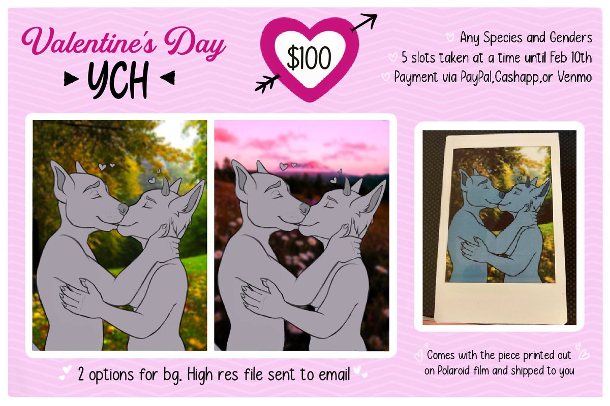 you wanna get something for your squeeze? support @Lizzehcreations  this Valentines day and get a commission for you and your boo doin a smooch AND get a physical copy on a polaroid!! this is an insanely cute idea and her style can fit any type of OC! Trust me, I would know LMAO