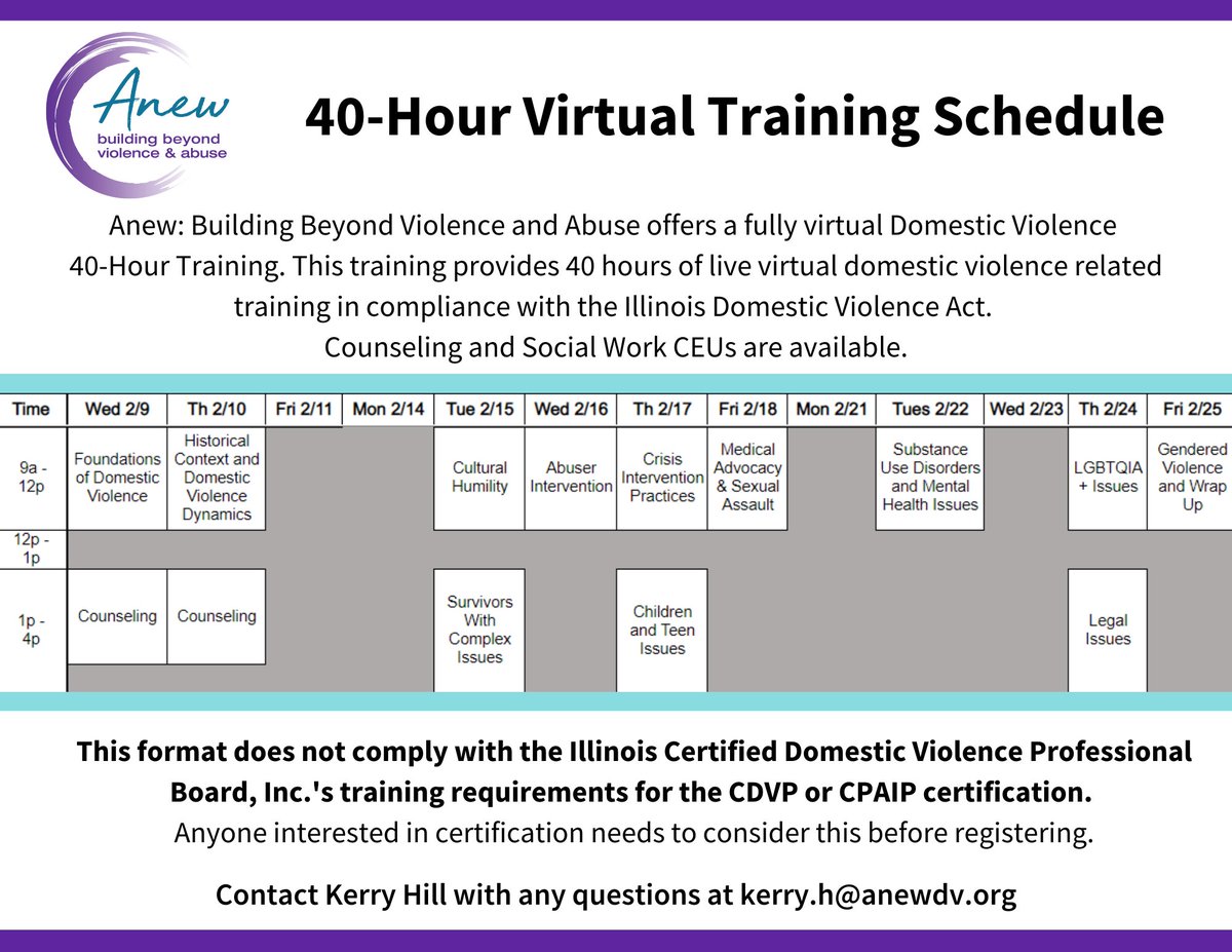 Anew_DV's tweet image. Anew: Building Beyond Violence and Abuse a offers brand new virtual format for 40-Hour Training. Look below for details. If interested, please register at bit.ly/33YX9Tb

Registration closes on February 7th!

Reliable internet connection and Zoom access required.