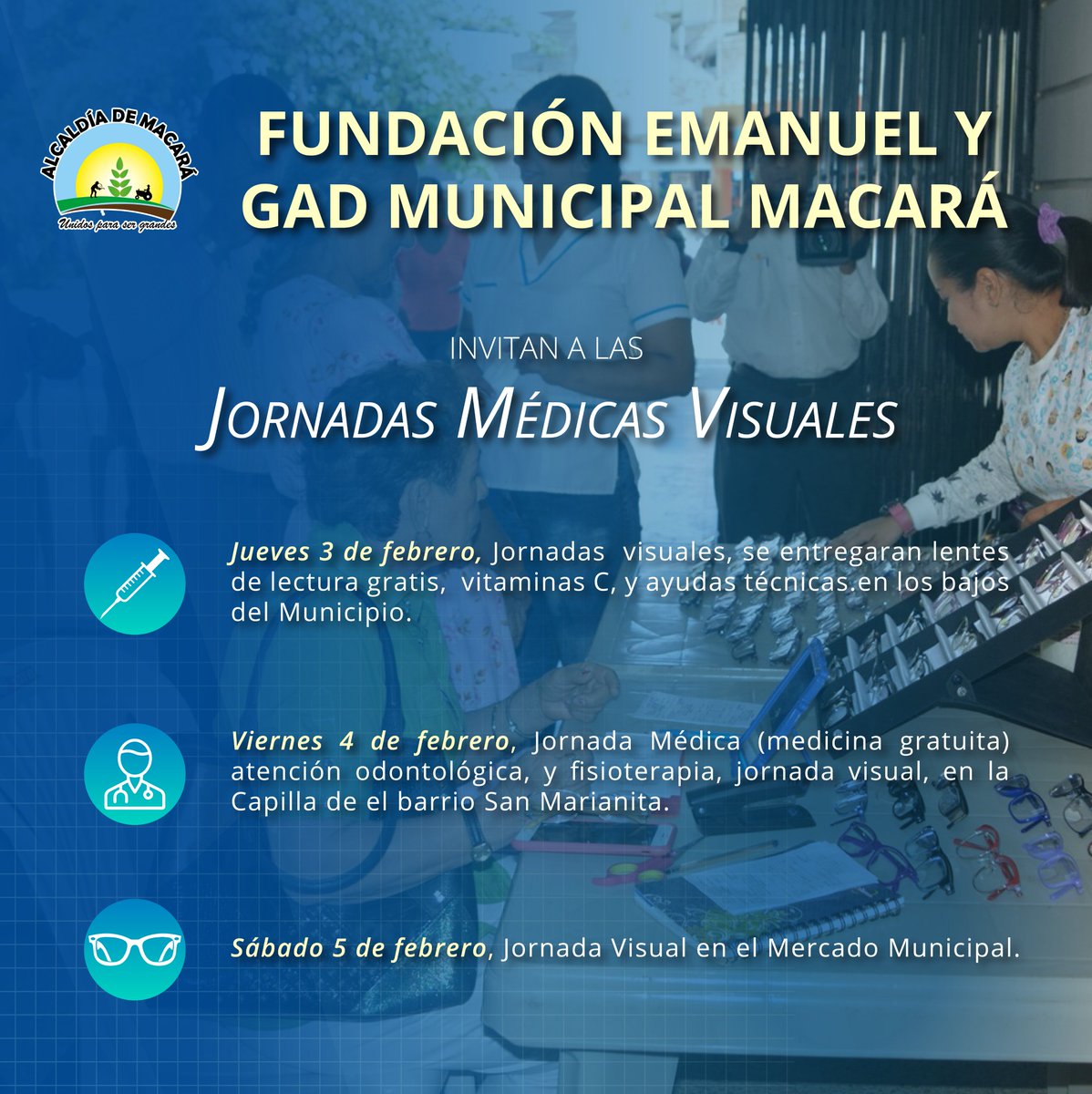 GADMACARA's tweet photo. 🚨👩‍⚕️ Este jueves 3, viernes 4 y sábado 5 de febrero de 2022, ven y aprovecha las Jornadas Médicas Gratuitas - que el GAD Macará en coordinación con la Fundación Emanuel de Guayaquil estarán brindando. https://t.co/L6reFB6j4G