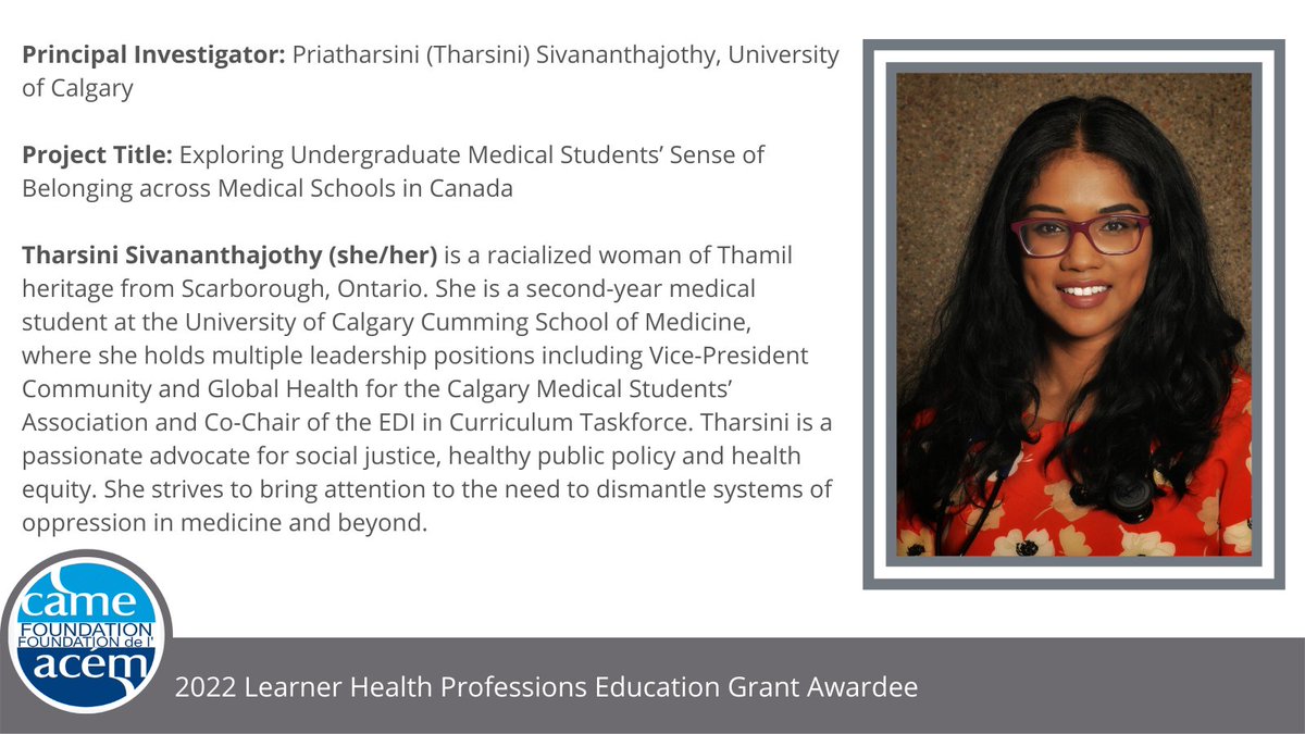 The CAME Foundation is happy to announce that the successful winner of the 2022 Learner Health Professions Education Grant is Priatharsini (Tharsini) Sivananthajothy, University of Calgary! #HPE #HPEGrants #MedEd <a href="/UCalgaryMed/">UCalgaryMedicine</a> <a href="/UCalgary/">U Calgary</a>