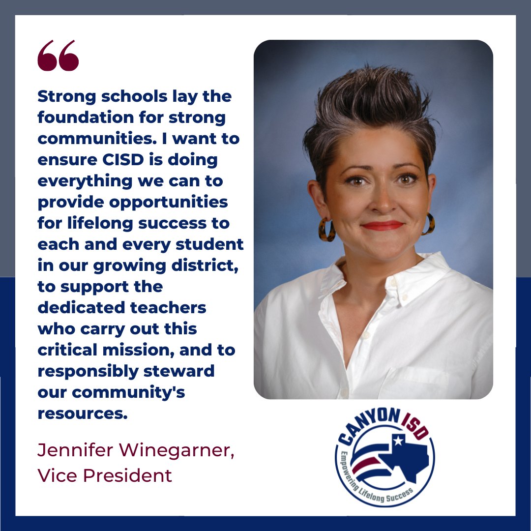 CanyonISD's tweet photo. In honor of #SchoolBoardMonth, we want to highlight our School Board Members. We asked them to give us a short description of why they want to serve on the Canyon ISD Board of Trustees. Here is Jennifer Winegarner's "My Why." https://t.co/xXd8jX0qTW