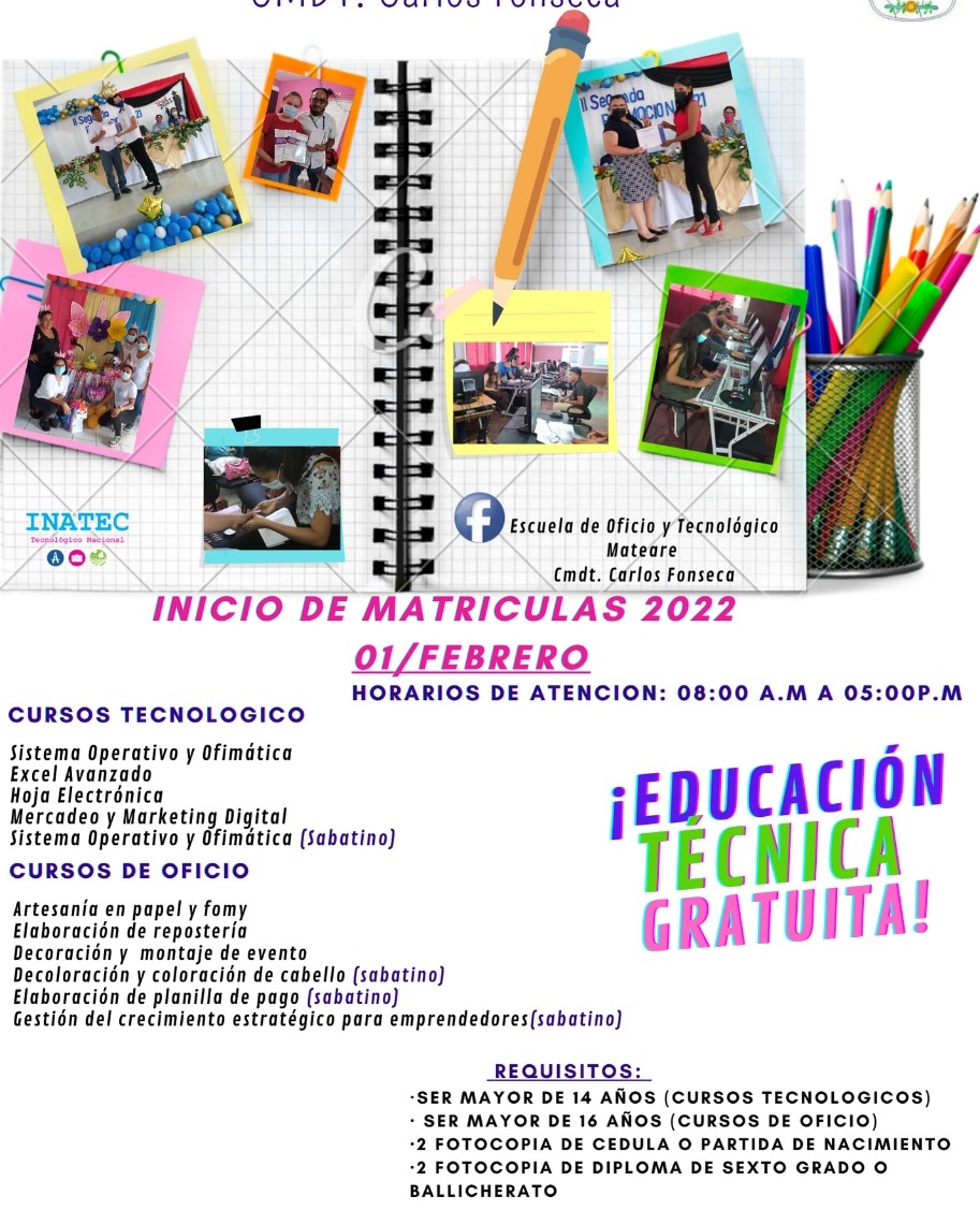#Mateare //¡Inician matrículas!
🥳MATRICULA ABIERTA desde el 1 de febrero🥳
en los cursos de las escuelas de ofició y escuela tecnologíca. cursos como cocina nicaragüense sistemas operativos y ofimática Excel y más.....
#𝐆𝐨𝐛𝐢𝐞𝐫𝐧𝐨𝐬𝐋𝐨𝐜𝐚𝐥𝐞𝐬𝐍𝐢