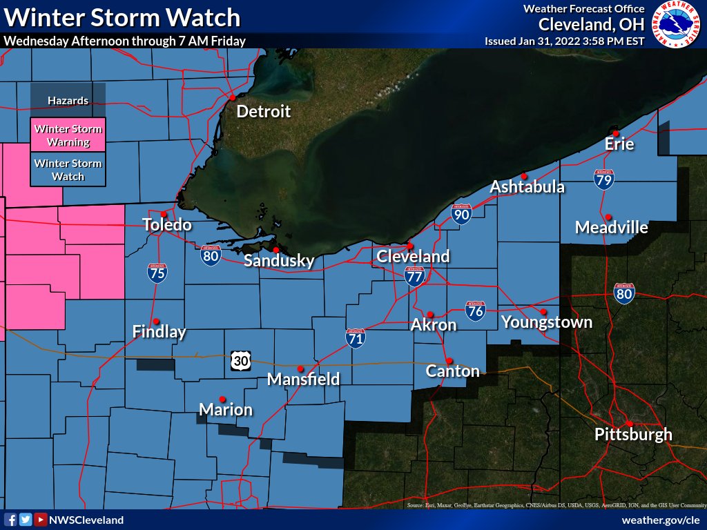 NWSCLE's tweet image. A Winter Storm Watch has been expanded to include the entire area for Weds. afternoon through Friday morning. Regardless of the exact snow, sleet, and ice amounts, major impacts to travel are expected Wednesday night through Friday morning. #ohwx #pawx