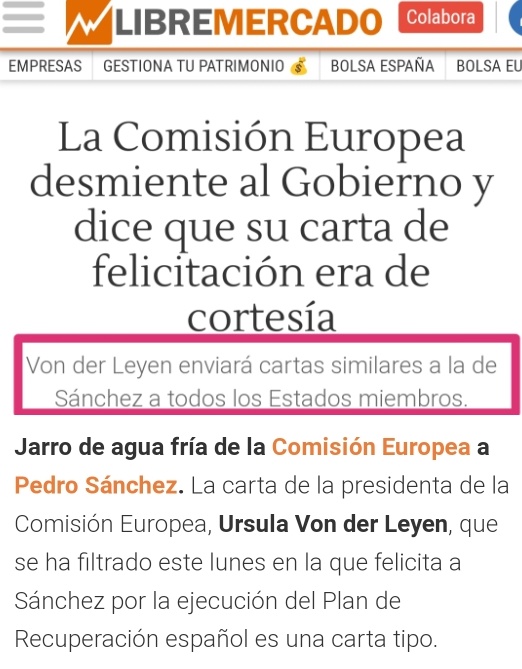 ⛔ BULO de <a href="/el_pais/">EL PAÍS</a> o <a href="/laSextaTV/">laSexta</a>. "Bruselas da un segundo varapalo a la ofensiva del PP contra el reparto de los fondos europeos por el Gobierno de Sánchez".

❌ FALSO: La Comisión Europea no apoya el reparto de fondos ni felicita su gestión. Se trataba de una misiva de cortesía.