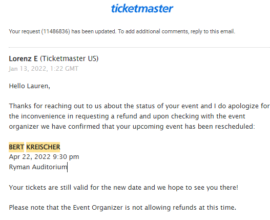 wanderlust_lb's tweet photo. @bertkreischer @Ticketmaster  Can you work this out and get people's tickets refundable? https://t.co/eQ2snkR5gI