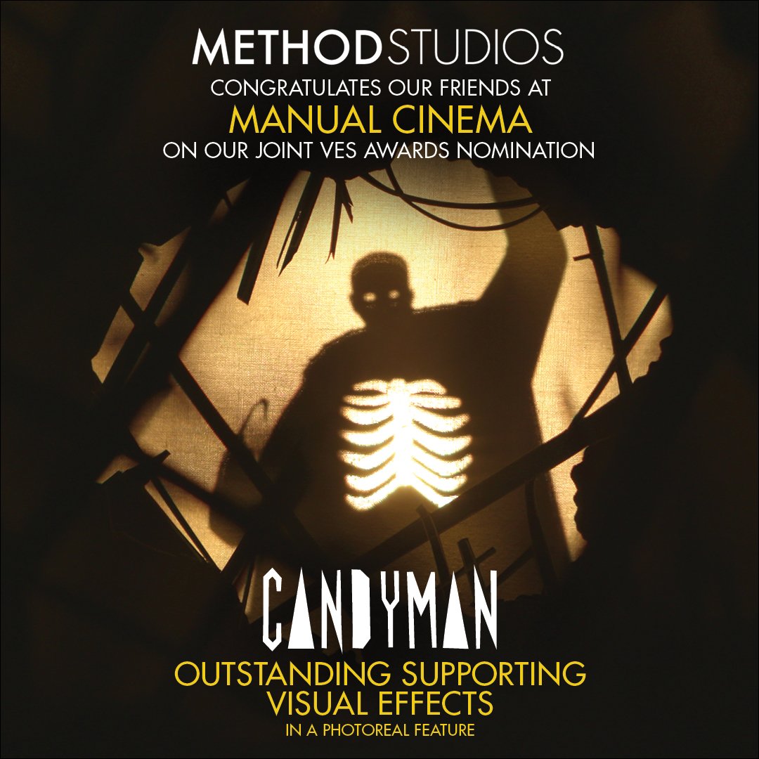 We would like to extend a huge congratulations to @ManualCinema and @lumapictures for our joint @VFXSociety nomination for @CandymanMovie! VFX | #MethodStudios Director | Nia DaCosta DP | John Gules Edit | Catrin Hedstrom Color | Natasha Leonnet + Company 3