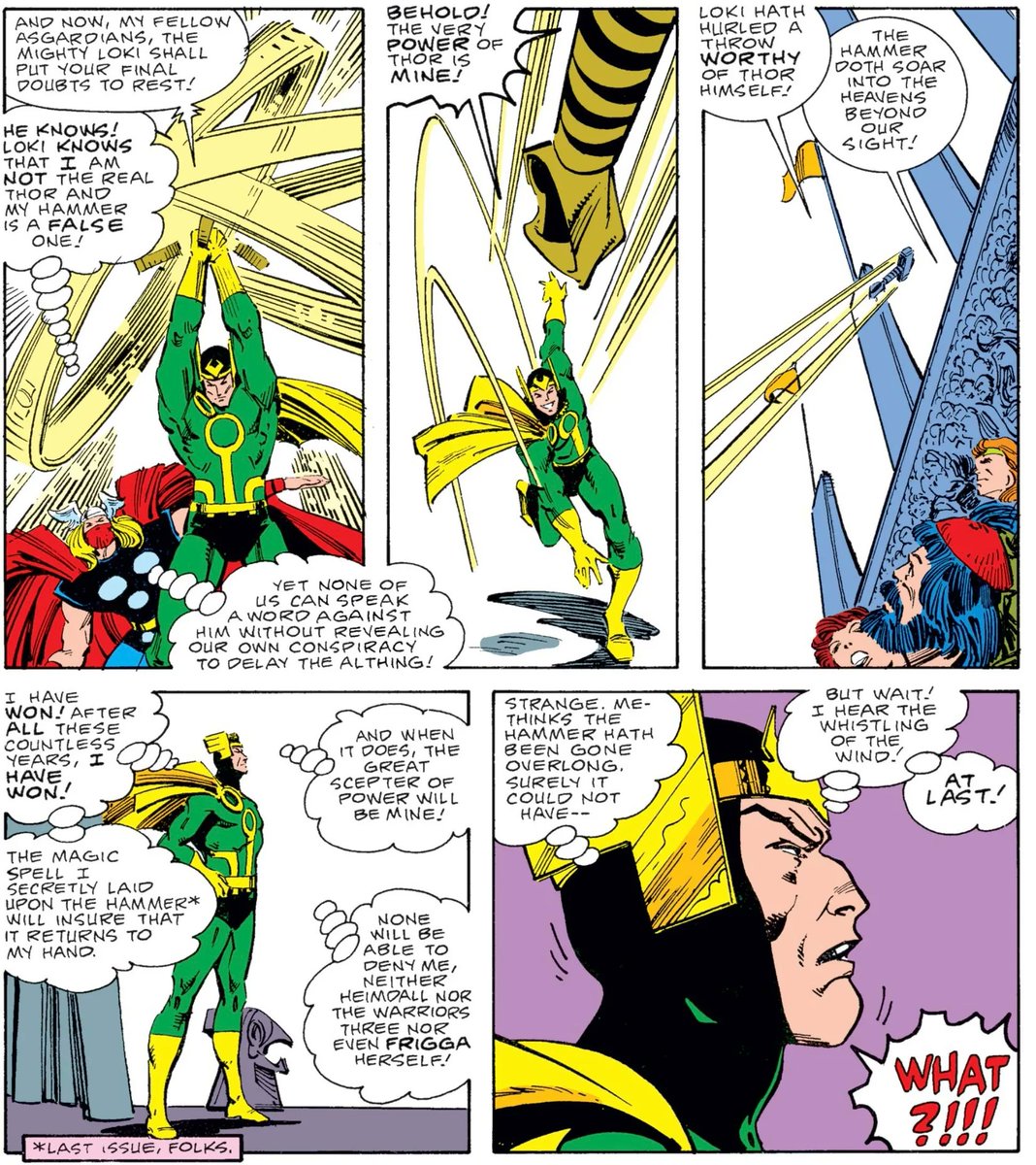 Loki knows that the fake Thor is just Harokin in disguise, so he wields the false Mjolnir to prove his worth to the gathered crowds. Harokin can’t reveal that the hammer is fake without revealing his own deception, so he has to stand by and watch quietly! #marvel #thor https://t.co/w0d0tAij2Q
