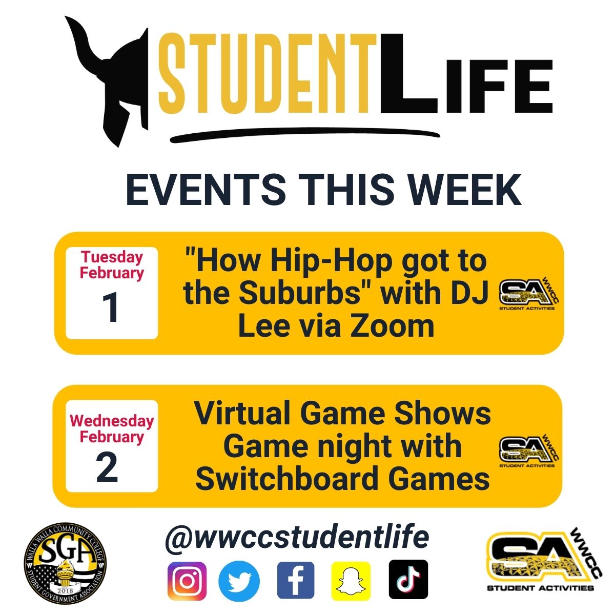 Got a couple virtual events this week! Be sure to check your WWCC Student email for details!