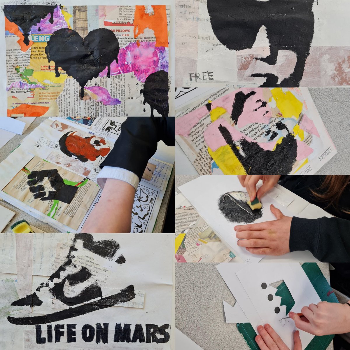 thornhillcreate's tweet photo. Yr9, amazing street art outcomes. Influenced by Banksy and Shepard Fairey. They have made a decollage background and applied a stencil over the top. #art #streetarteverywhere #thornhillacademy https://t.co/seLKnctCe7