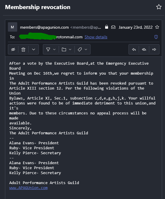 MemberBlasts's tweet photo. Here we go, a FOURTH member of APAG who was expelled based on a Dec 16th Officer Meeting &amp; not notified until Jan 23rd.

This is the THIRD with the EXACT SAME trumped-up charges, no trial, no evidence, no appeal.

Why isn't there more outrage about this?
https://t.co/kUH6SO42ej https://t.co/tLg43pC5nJ