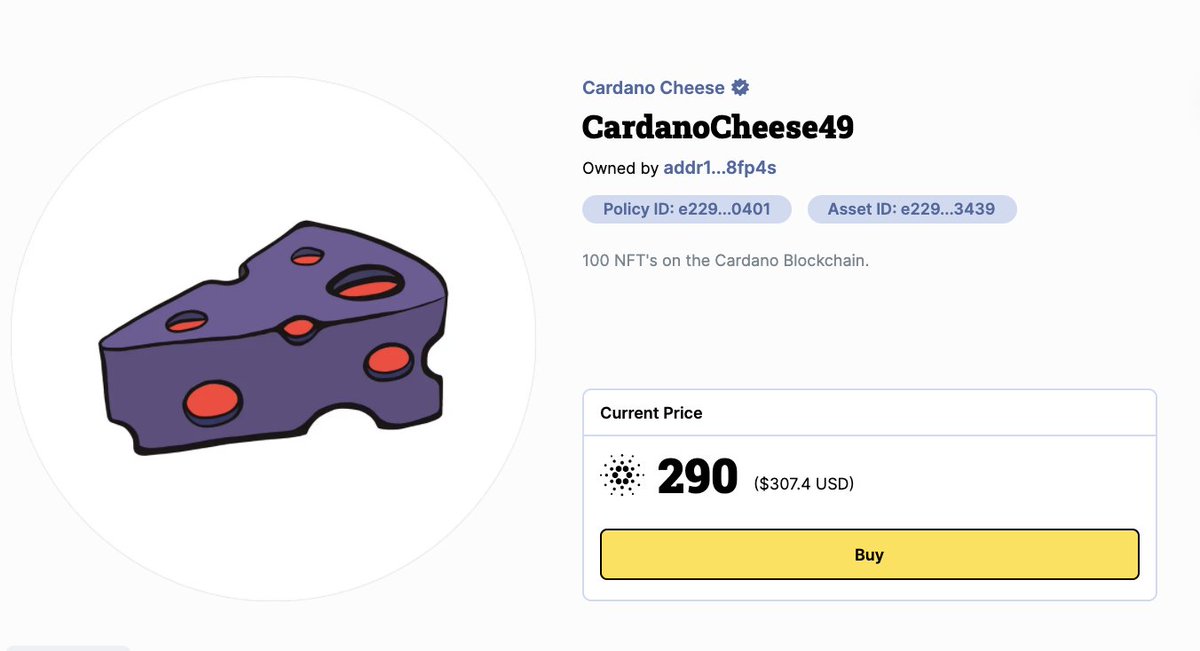 Cardano_Cheese's tweet photo. One cheese below 420ADA on @jpgstoreNFT .... who's going to snipe this baby? #100Club #CNFT #cardanocheese https://t.co/iwjY7d6643