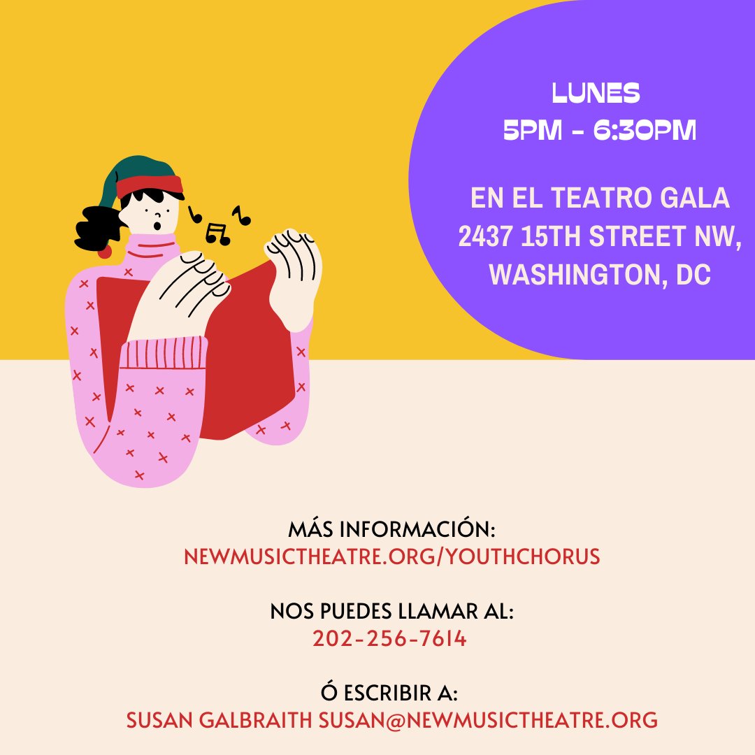 Únete a nuestro #coro #juvenil! Empezamos en Feb 7. A cargo del Director Leo Herrera, los estudiantes aprenderán #canto coral, a leer música, teoría y armonía en dos idiomas (español e inglés).
 
Para registrarse: newmusictheatre.org/youthchorus