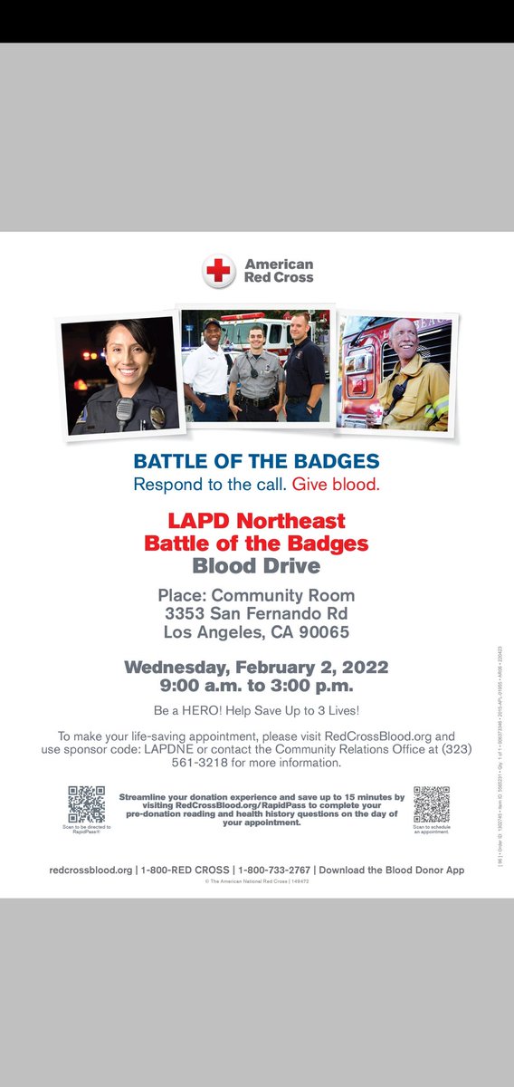 Northeast Area Battle of the Badges Blood Drive! Respond to the call, Northeast Area Community Room. Give blood, Wednesday February 2nd. from 9a.m. to 3p.m.