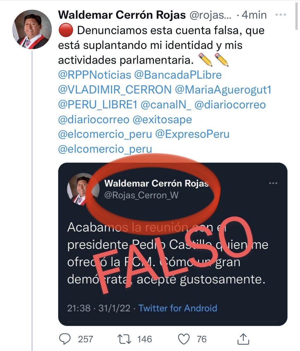 martinhidalgo's tweet photo. Ahora Waldemar Cerrón denuncia que el tuit salió de una cuenta falsa. Pero si ven el tuit eliminado, la cuenta es la misma. No tiene una “W” al final como el pantallazo último que subió con la etiqueta de “falso”. https://t.co/Ty3A82nOc9