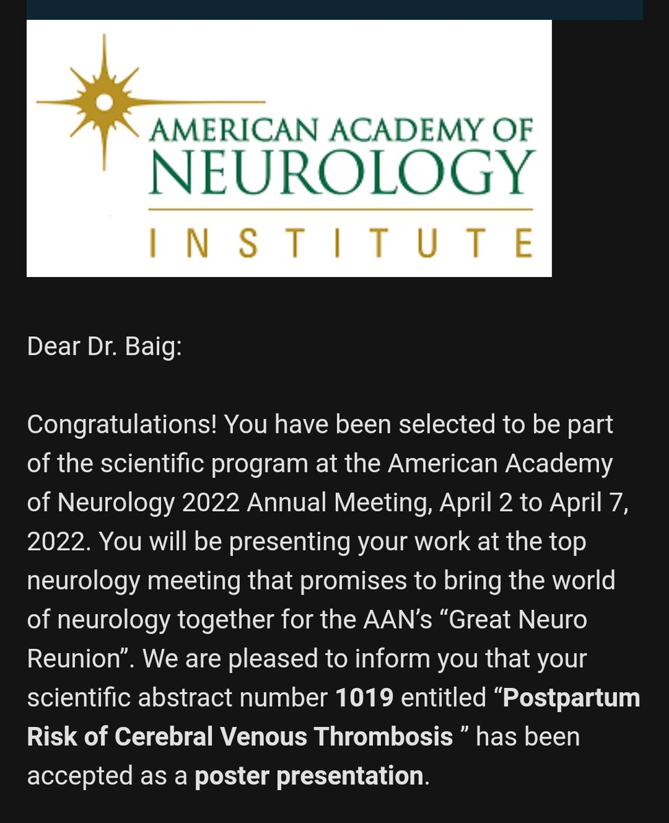 Excited to have the opportunity to present our work on the 'Postpartum Risk of Cerebral Venous Thrombosis' at the upcoming #AANAM! Can't wait to hopefully meet the @AANMember family in Seattle 🙏

@merkler_alex @hoomankamel @ava_liberman @NealSParikhMD @san_murthy 
#NeuroTwitter