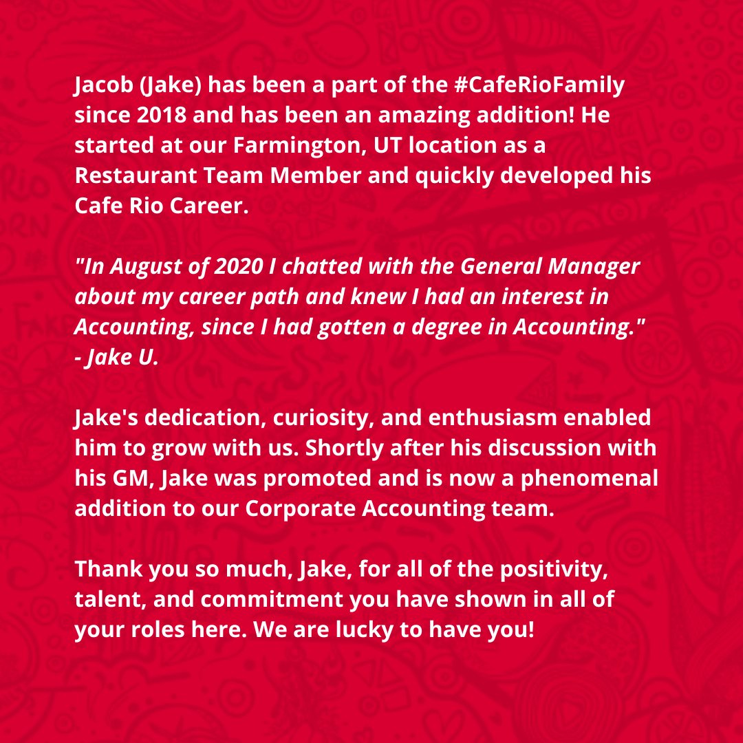 caferio's tweet photo. Today we'd like to highlight a great member of the #CafeRioFamily, Jacob U.! Read more about his Cafe Rio Experience below 🙌🌯

Want to jump-start your Career at Cafe Rio? Learn more: https://t.co/Og4XMNMvII https://t.co/s7j6om7zKN