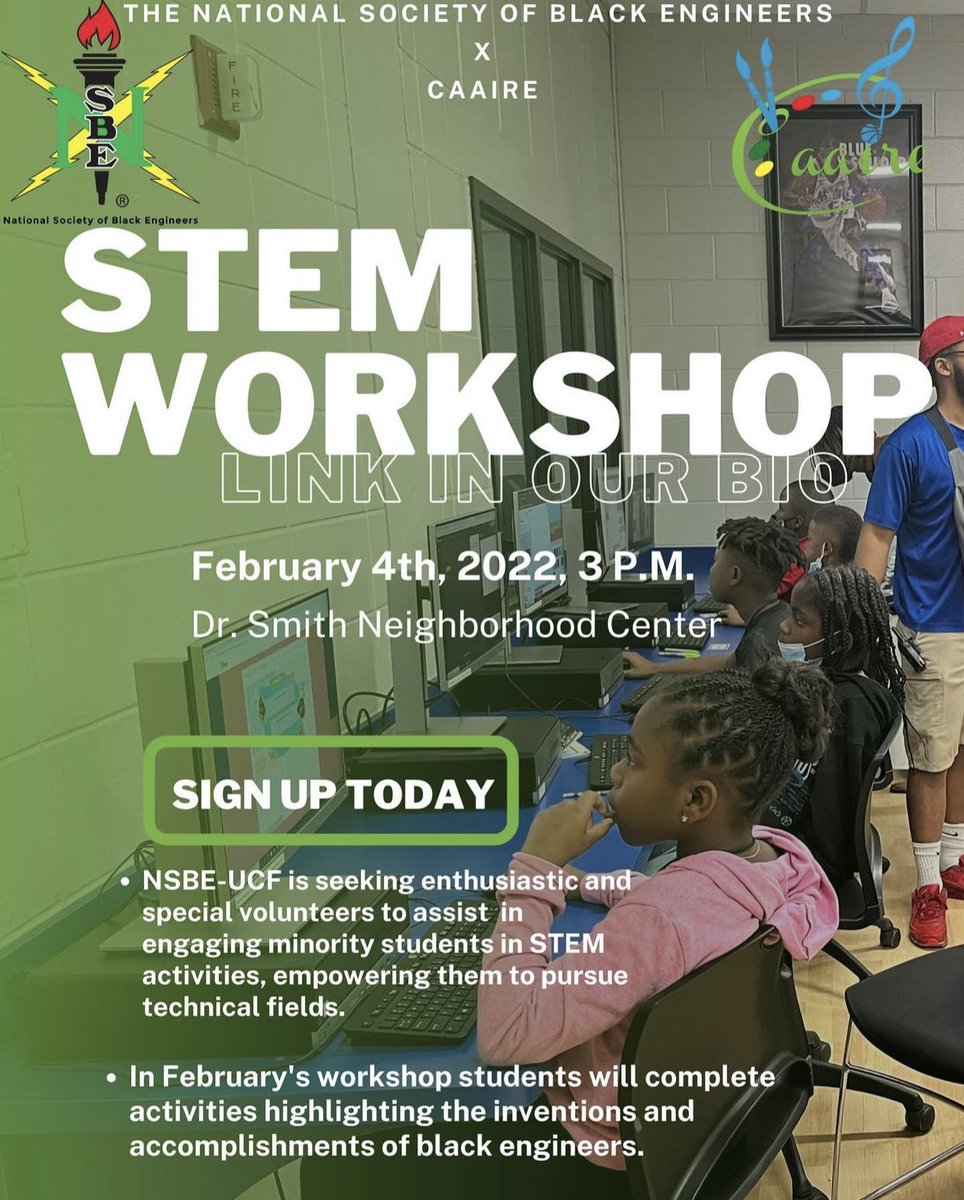 REPOSTED - Our STEM Workshops are BACK! 🤩Join us this upcoming Friday, Feb. 4th and help assist! Volunteers will attend from 3:00 pm - 5:30 pm.📚
~~
#nsbeucf #SupportCAAIRE #CAAIRE
————————
Visit our website &amp; Contact Us for more details: CAAIRE.org