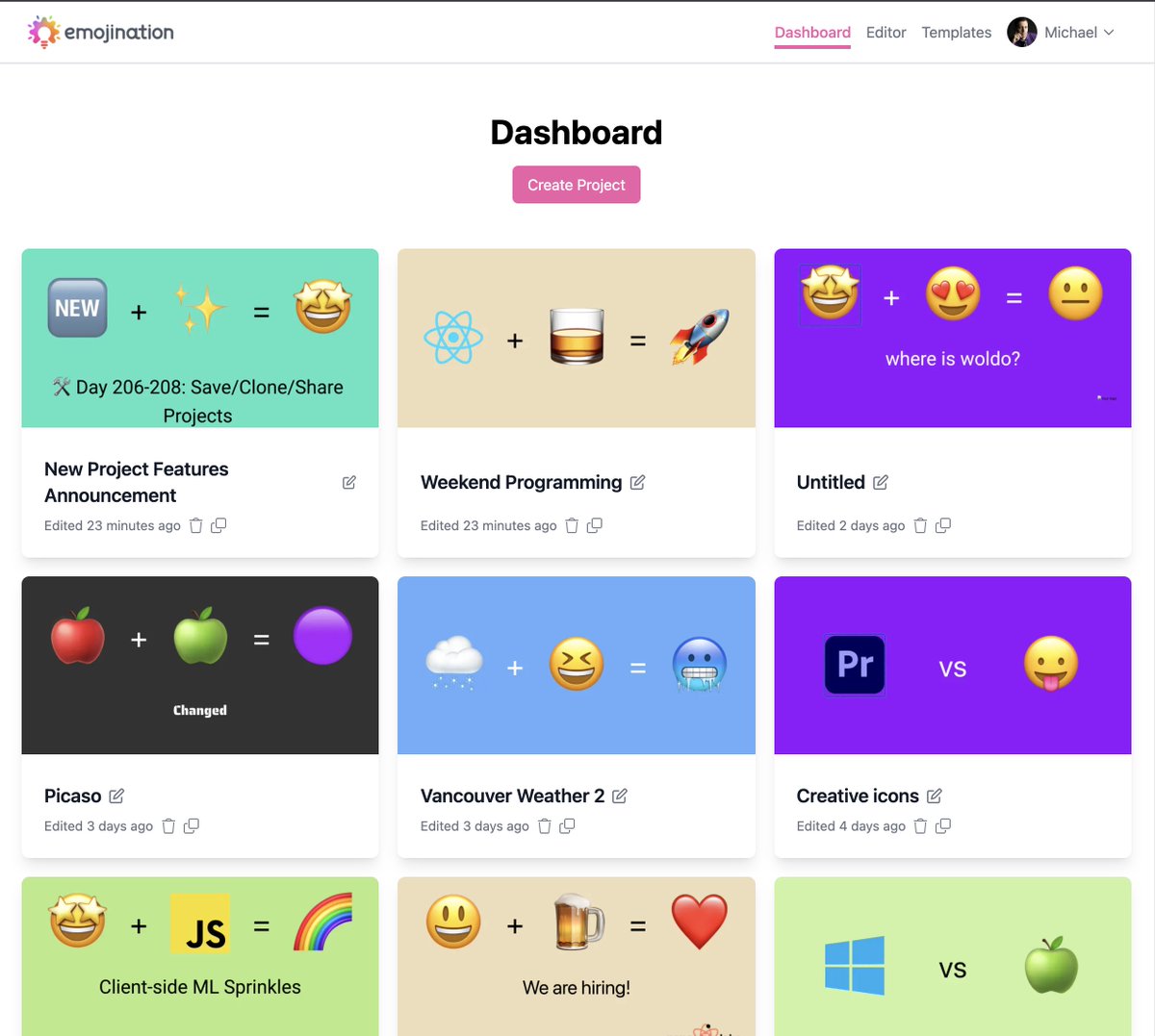 🛠  Day 206-208 - Create/Save/Delete/Clone Projects

A bit of scope creep I admit.

But, it was worth it. I can't wait to see what you'll create 🤩

@emojination_io #buildinpublic