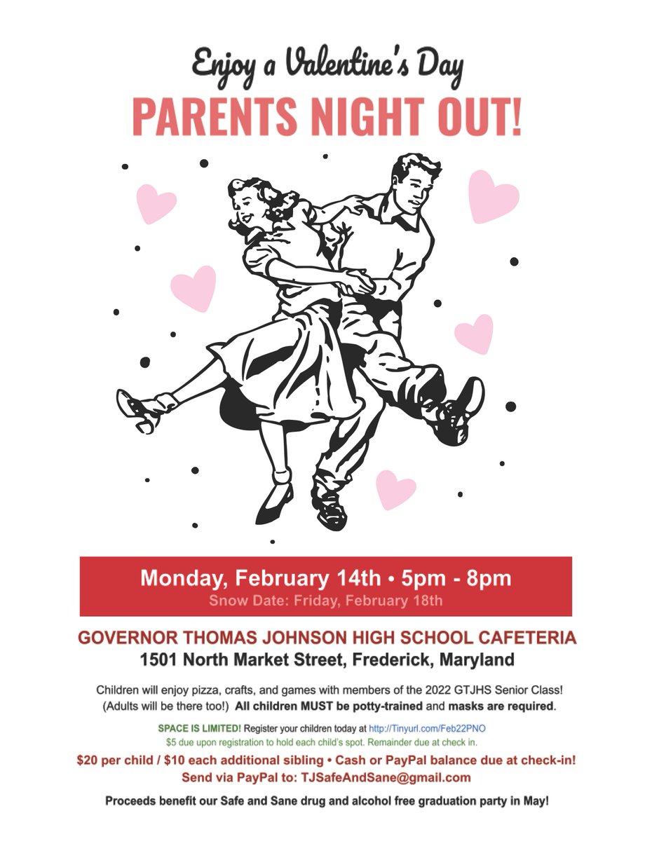 graduationbash's tweet photo. Our next Parents Night Out is Monday, Feb 14th (VALENTINE's DAY), from 5pm-8pm @ TJ Cafeteria. Children will enjoy arts &amp; crafts, games and pizza! 
$5 due upon registration to hold each child's spot.  Remainder due at check in. Register today! https://t.co/KH3O008KIp https://t.co/wHJxzOpiUl