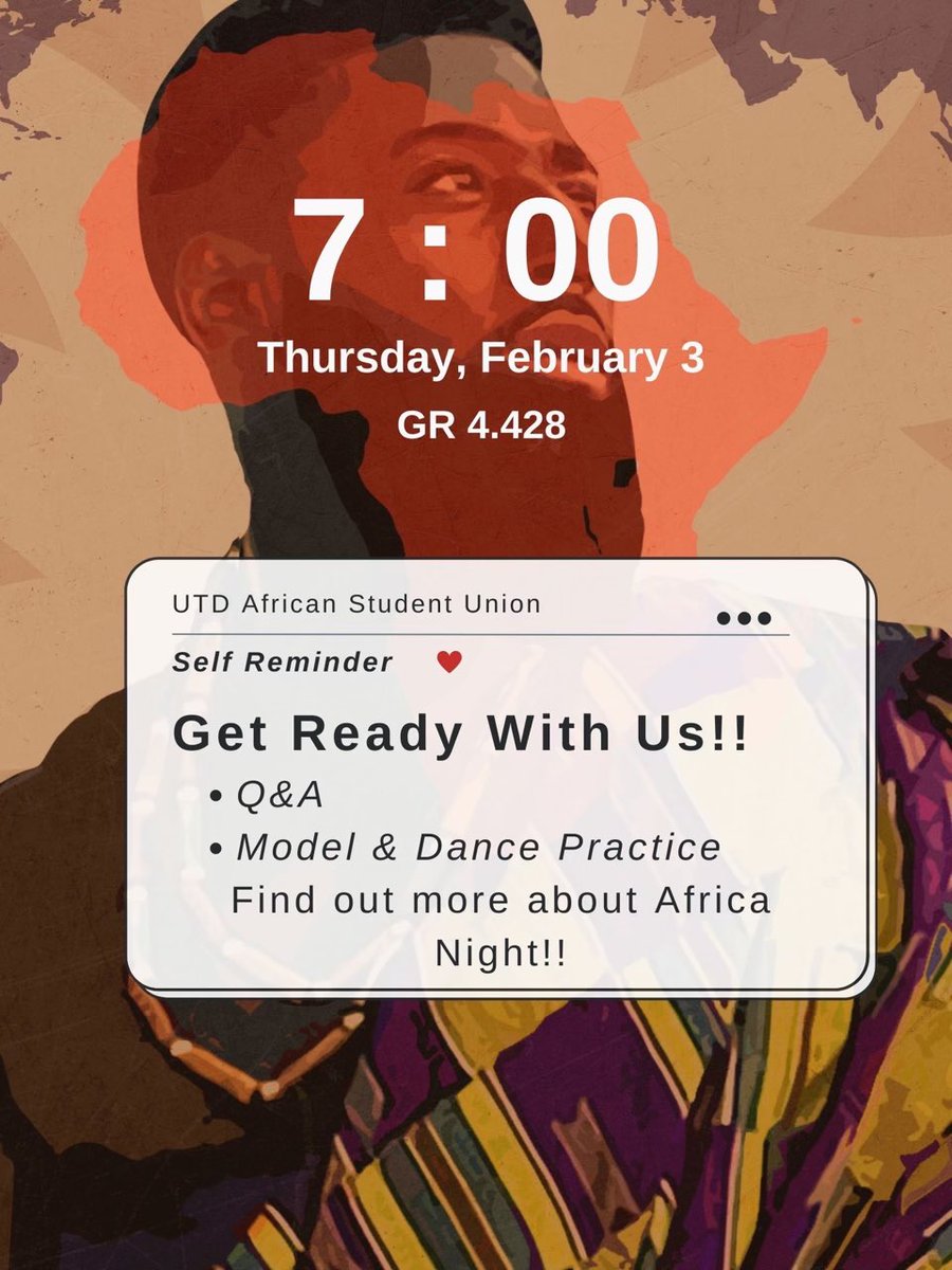 utdallasasu's tweet photo. Do you have any questions you want to ask us about Africa Night 🌍✨ Are you trynna practice your walk so you can STUNT as our model at Africa Night 🥳 Finally! Do you want to practice your dance steps so you can shine with our dance team 💃🏾 Come through! 😌 https://t.co/JVCEMLYbcZ