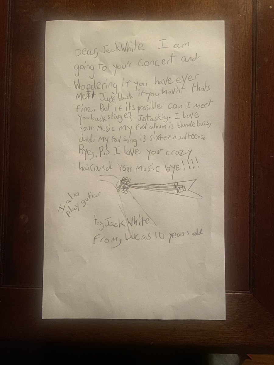 tysonium's tweet photo. @thirdmanrecords Lucas, my 10 year old son, and I are going to #JackWhite show at Barclays in BKNY. Lucas asked me to get this letter to Jack. Pls share with him. Thx. https://t.co/oHvjDg4D2O