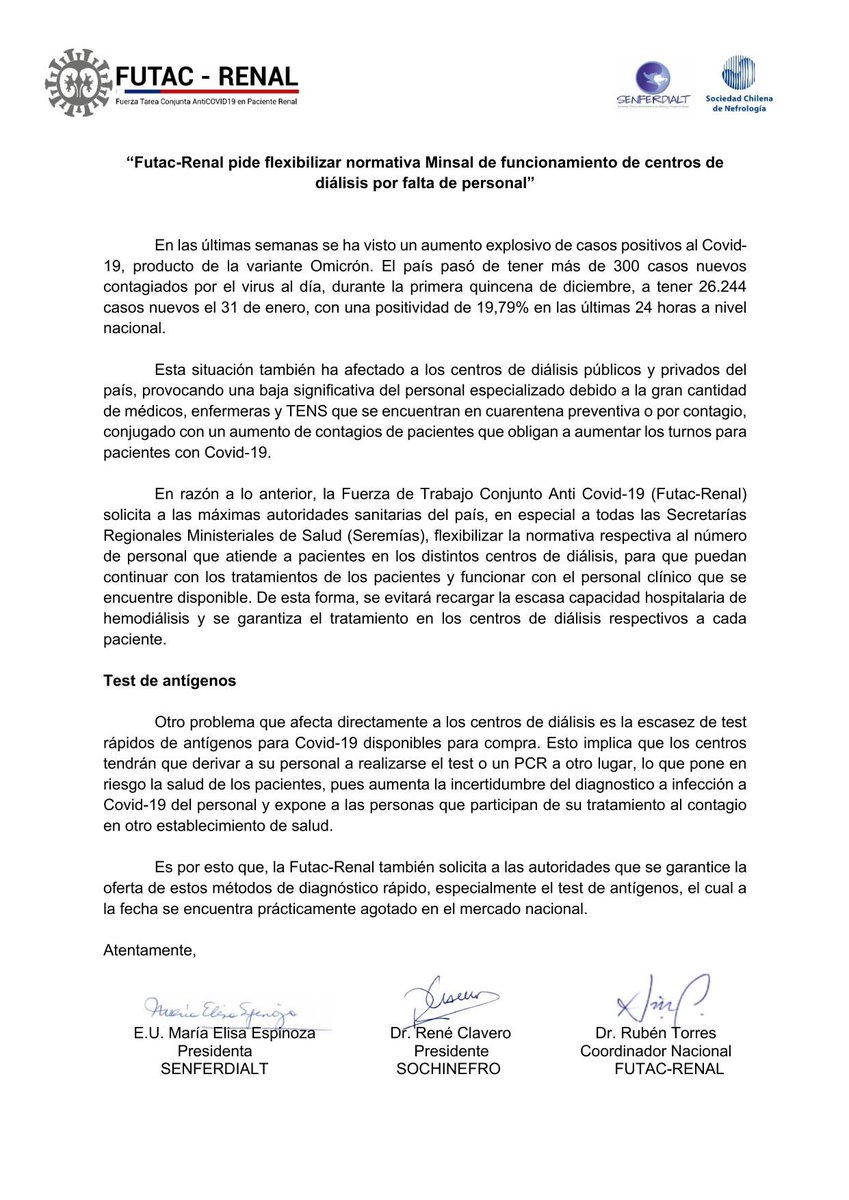 Nefrocl's tweet photo. Comunicado oficial solicitando la flexibilización de la normativa por la falta de personal clínico, ya que el aumento explosivo de casos positivos al Covid-19 también afecta a los centros de diálisis. 

Más información aquí 👉🏾 https://t.co/5XhDEAmkYE https://t.co/u42uJ7TJud