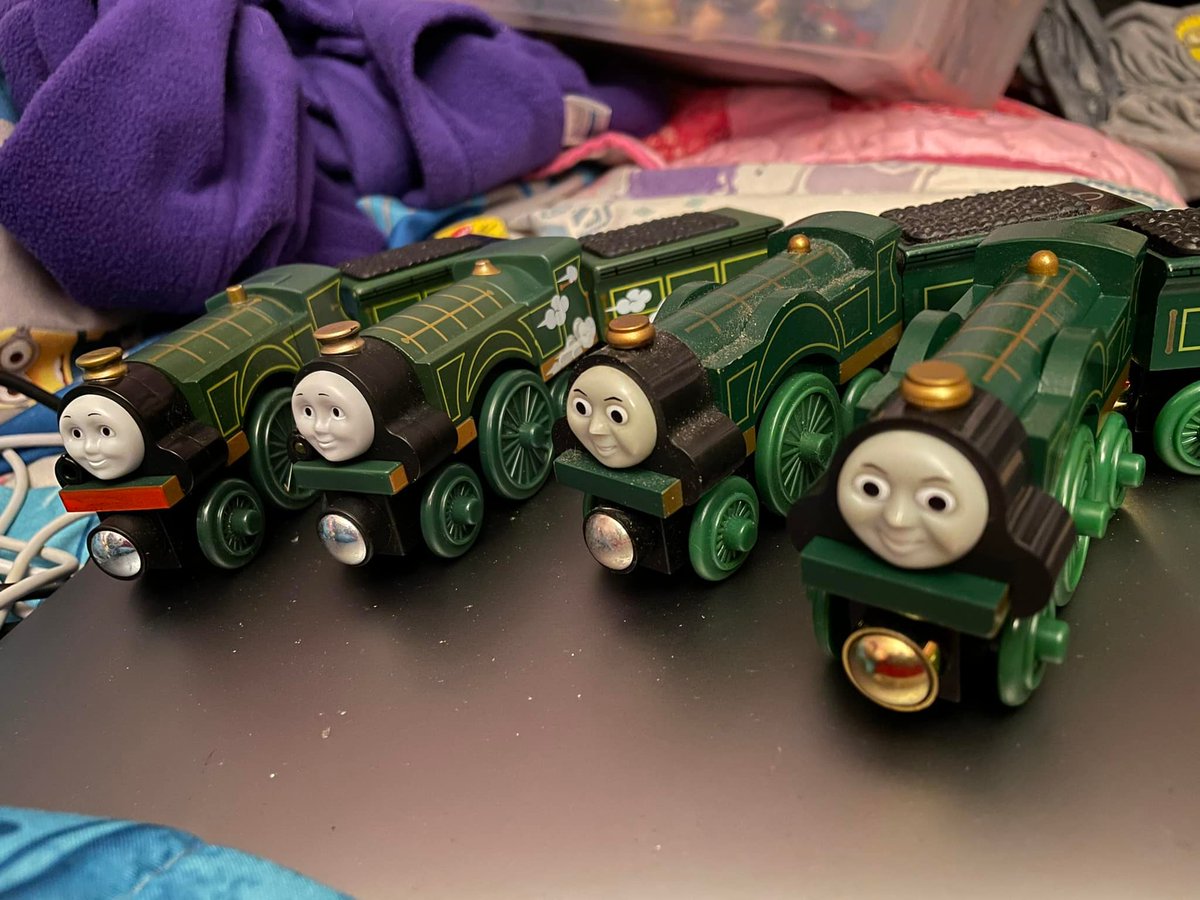 InstaChelsea92's tweet photo. I got the Wooden Talking Railway Series Emily today. She is united with my other wooden Emilys, the original, the Talking 2013 one, and the Roll and Whistle one. #thomasandfriends #emily https://t.co/PLvyDQnmk1