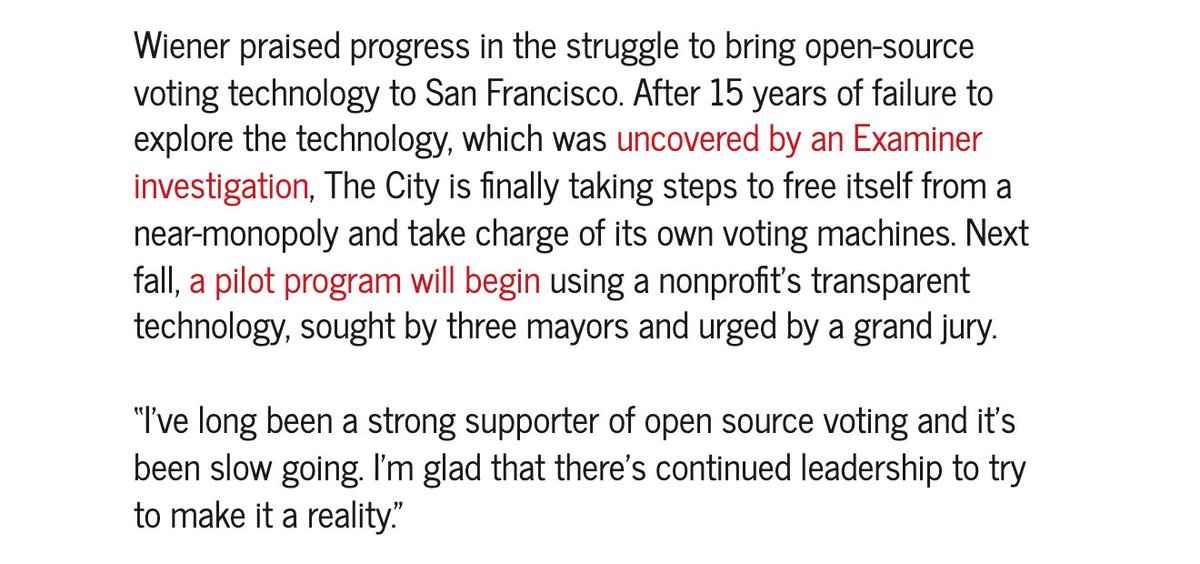 Thank you, <a href="/Scott_Wiener/">Senator Scott Wiener</a> for your early and continued leadership on #OpenSource #PaperBallot voting!🗳️🙏 And thank you @JeffElder and <a href="/sfexaminer/">SF Examiner</a> for your continued education and coverage of the issue!🏅<a href="/soljourno/">Solutions Journalism Network</a> #solutionsjournalism sfexaminer.com/fixes/why-is-i…