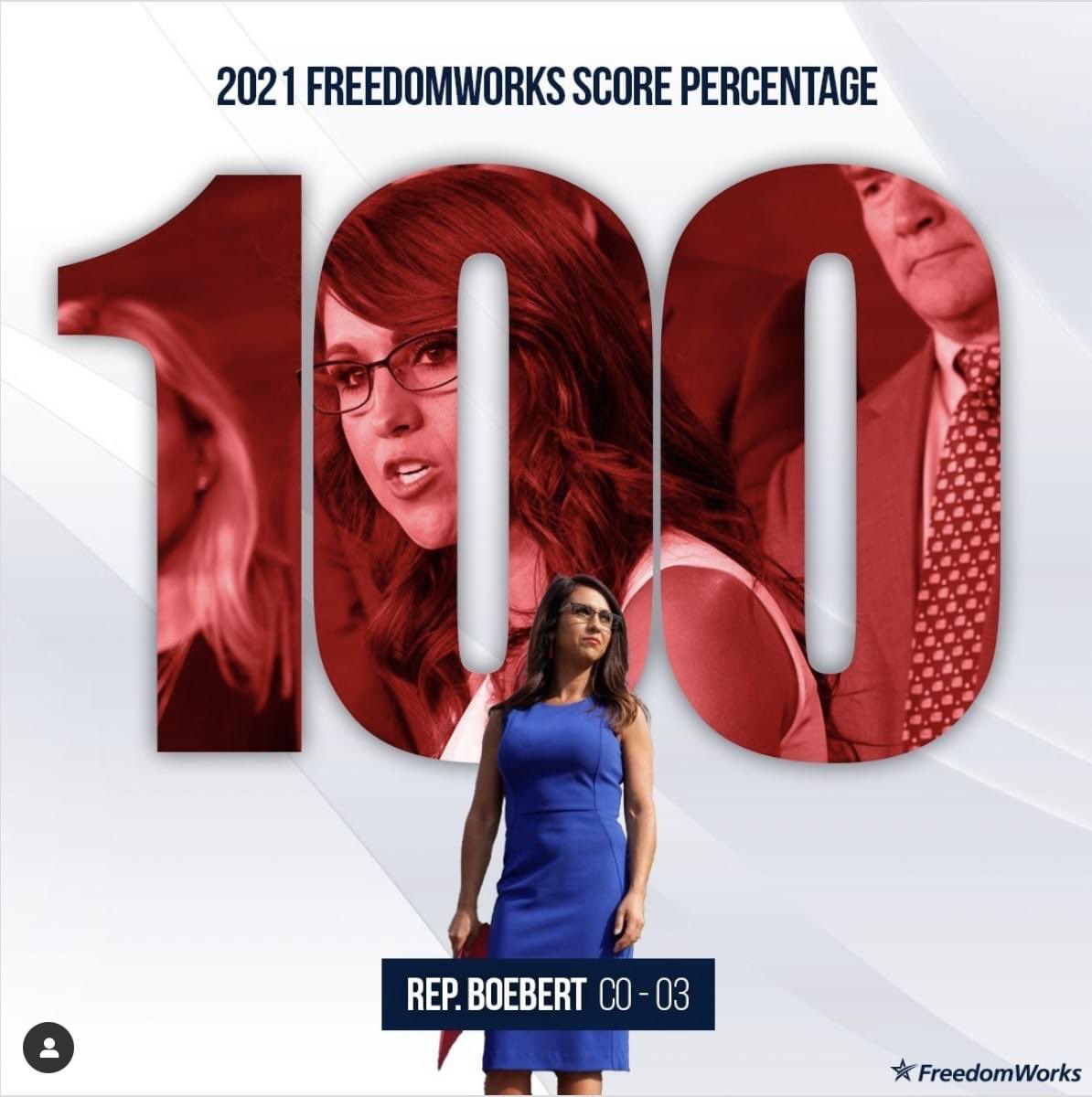 laurenboebert's tweet photo. I am very proud of my 100% FreedomWorks scorecard for 2021.

FreedomWorks advocates for smaller government, lower taxes, free markets, personal liberty and the rule of law.  My 100% score reflects how my votes align with these core principles.

Thank you for your support! https://t.co/MHpISmUkpV