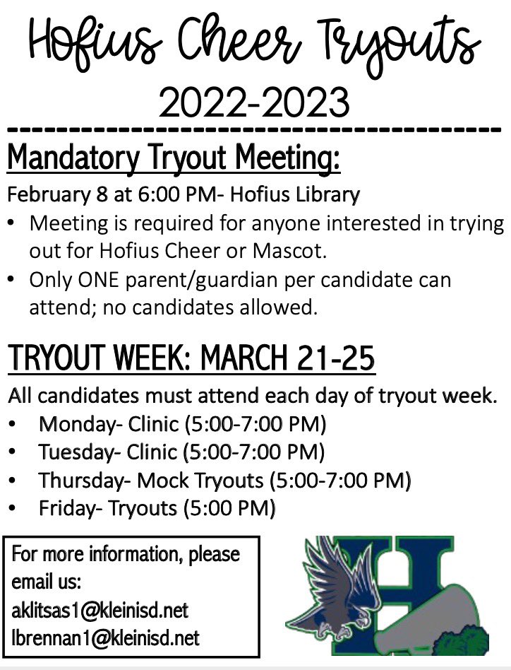 HofiusCheer's tweet photo. 📣Calling all current 6th and 7th grade Hawks!📣 Hofius Cheer will be holding our MANDATORY tryout meeting on Tuesday, February 8th at 6pm in the library. Hope to see you there! 💚💙 https://t.co/LGnSCfO6DV