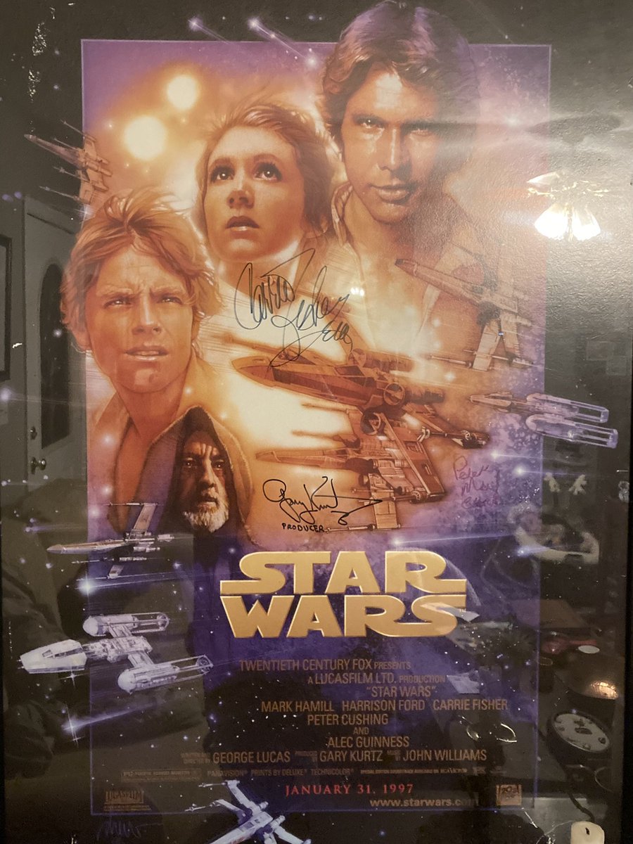 25 years ago, I got to see #StarWars on the big screen and even if some of the changes didn’t catch my fancy now, 12 year old me didn’t care and I got to see Star Wars on the big screen! Years later got this @DrewStruzan poster signed by Carrie Fisher, Peter Mayhew and Gary Kurtz https://t.co/XuNTWAHcHE