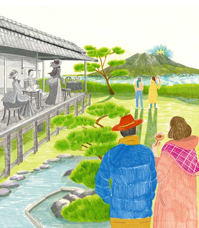 後藤 恵 Megumi Goto 日本薬師堂発行 元気のわ 表紙イラスト 冬号 鹿児島県ダイヤモンド桜島と仙巌園 今の風景と昔の風景を融合させた ちょっと懐かしい 観光地の風景を色鉛筆で描いています １年間表紙を担当させていただきましたがこちらで最終回