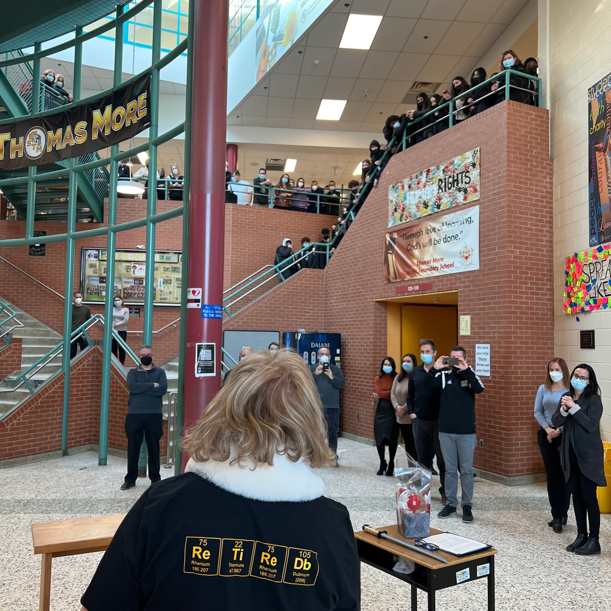 stmcss's tweet photo. A teacher legend left STM today. Mrs. Julie Silvestri, who graduated from STM, and taught Science for over 30 years, retired today. Her colleagues formed an epic honour guard, before she was “knighted”.

Thank you, Mrs. Silvestri. See you soon. https://t.co/jCEswpFTMM