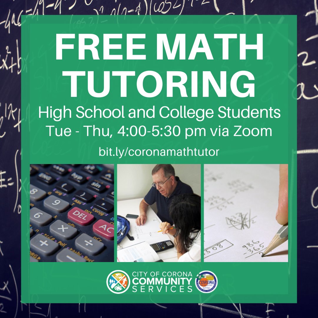 Need help with Math Homework?
Work with a retired math professor for FREE!
Tuesday-Thursday, 4:00 pm - 5:30 pm
via Zoom: bit.ly/coronamathtutor
#coronapubliclibrary #MathHelp #CoronaCommunityServices