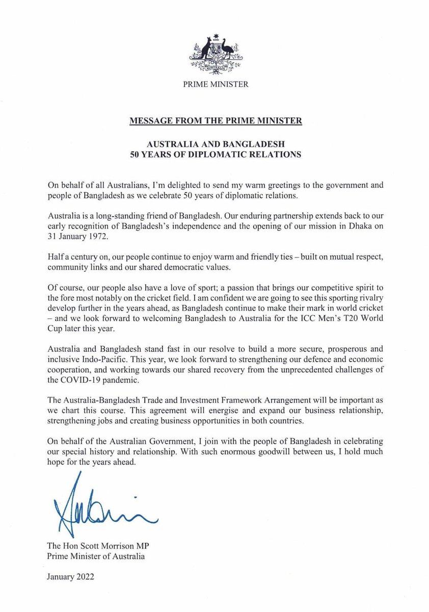 Happy 50th Anniversary of Bangladesh🇧🇩Australia🇦🇺friendship.  Our partnership, founded on shared commitment to peace, pluralism, inclusivity and mutual benefit, has endured and deepened over the last 5 decades. Hope recent trajectory &amp; dynamism lead to relations as key partners!