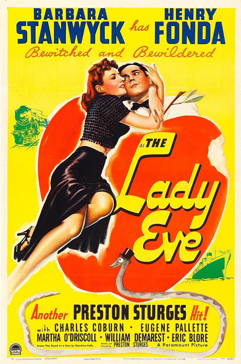 The Lady Eve (1941) an extremely funny romantic comedy about a beautiful card shark trying to seduce a bumbling millionaire. I cannot recommend this (and Preston Sturges's other films) enough. The pinnacle of banter and sight gags.