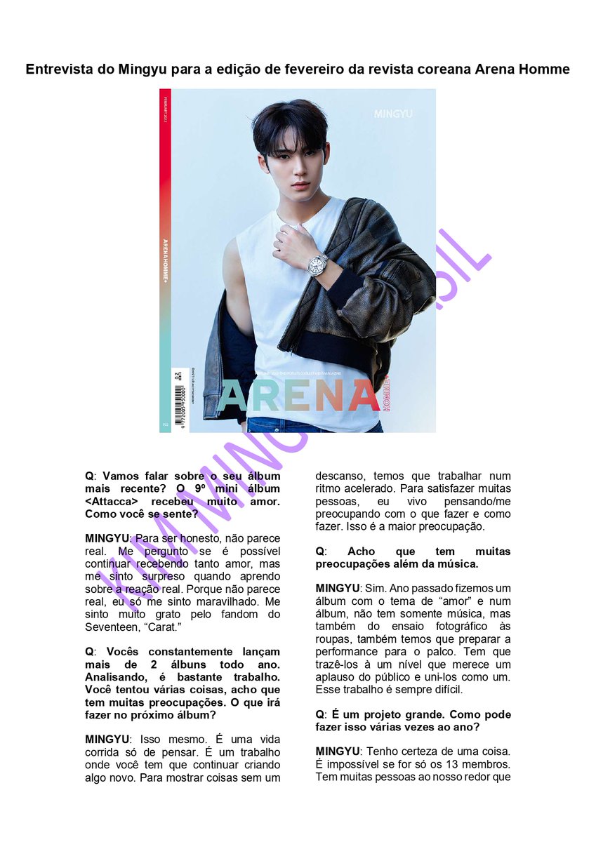 KimMingyuBrasil's tweet photo. [TRAD] 31.01.22 Entrevista do #Mingyu para a revista coreana "Arena Homme" edição de fevereiro.

"Me pergunto se é possível continuar recebendo tanto amor, mas me sinto surpreso quando aprendo sobre a reação real (...) Me sinto muito grato pelo fandom do Seventeen, “Carat.” https://t.co/mJ9XuEMK9y