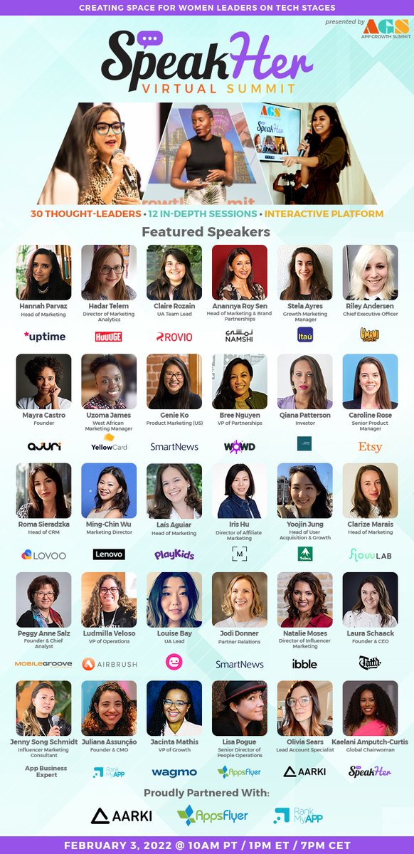The #2022SpeakHerVirtualSummit is THIS THURSDAY 💜🎤 Tickets are running out so don't miss your chance to secure your virtual ticket at appgrowthsummit.com/events/speakhe…

*We encourage app professionals of all gender identities to attend!

#WomenInTech #WomenInMobile #WomenEmpowerment