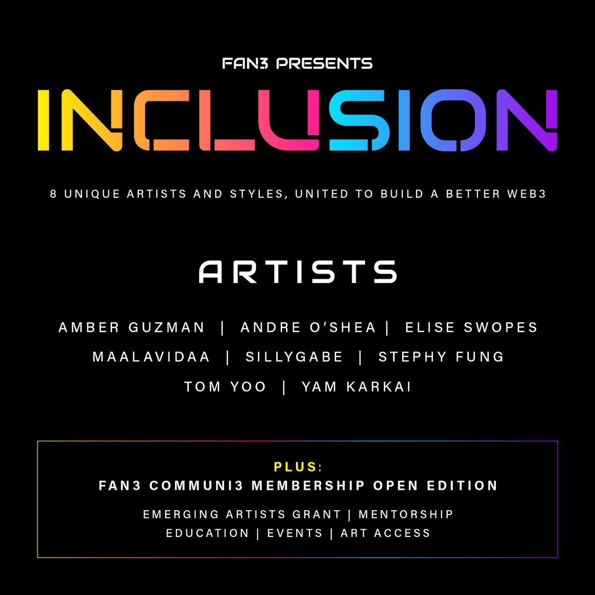 niftygateway's tweet photo. Dropping tomorrow on #NiftyGateway

We're proud to announce the "Inclusion" collection in partnership with @_Fan3_ and featuring the following artists: 
@amberkokochan 
@andreoshea 
@Swopes 
@maalavidaaa 
@Sillygabe 
@stephyfung 
@tomyoo23 
@YKarkai https://t.co/4TM6qS5J47