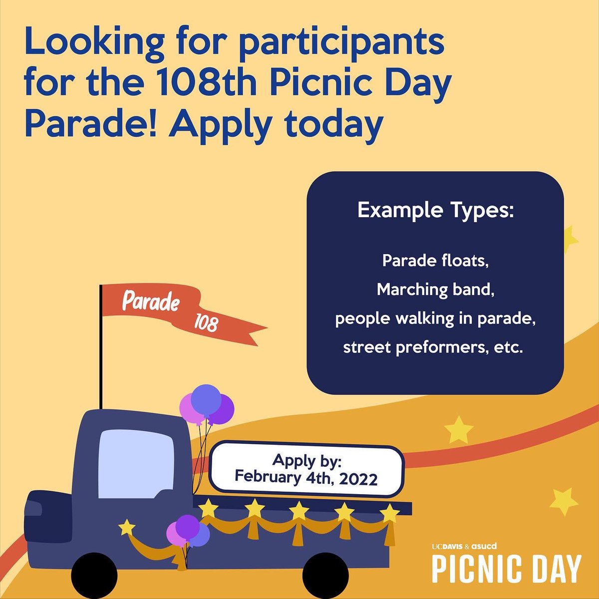 ucdpicnicday's tweet photo. Since the parade’s inception, it has become the kick-off to our crown-jewel event! Participate this year to be a part of our first Picnic Day Parade in nearly three years!
Apply today at https://t.co/Bzx0q2BCIF. Deadline is 2/4 so act fast!
#PicnicDay108 #ASUCD https://t.co/rQSbM5IxXS