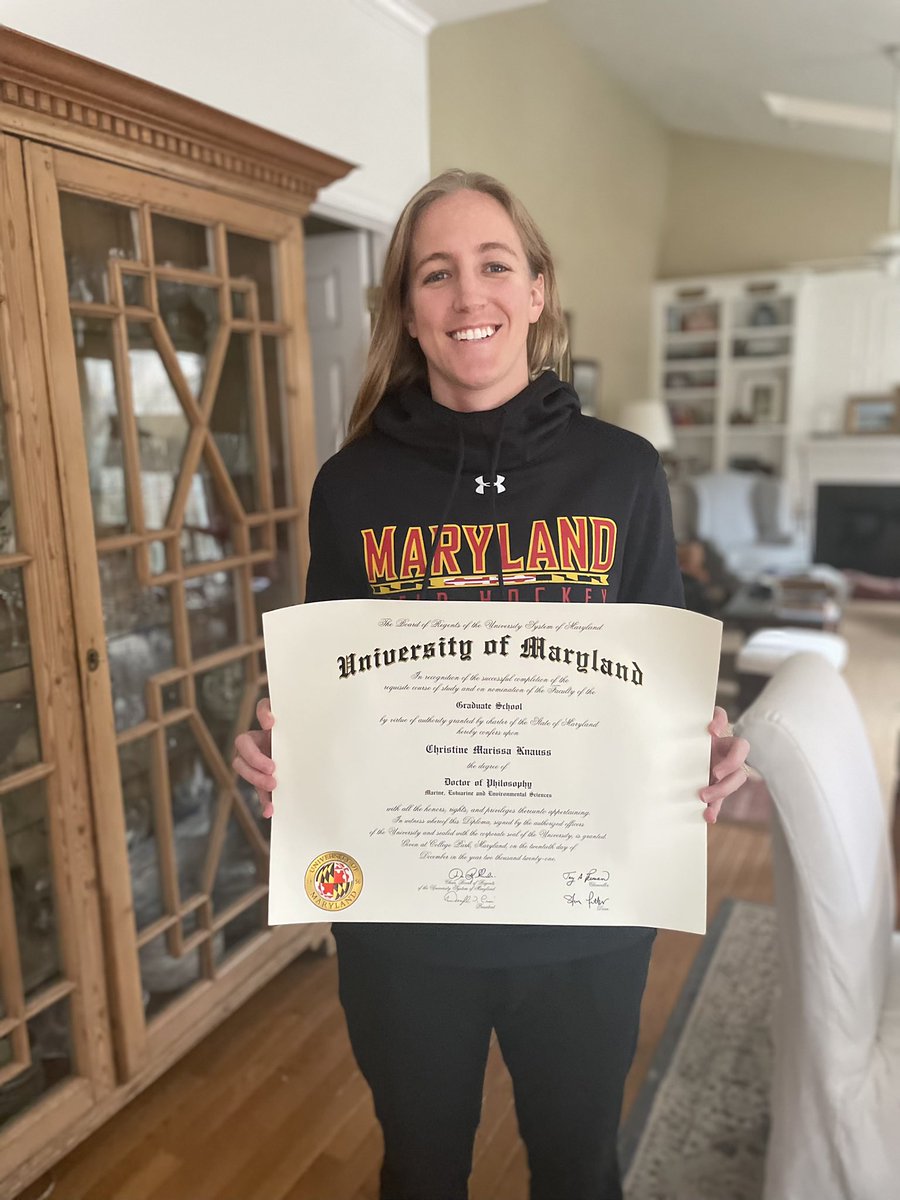Maryland Field Hockey (@terpsfh) on Twitter photo Congratulations to our Terp alum, DOCTOR Christine Knauss!
<a href="/cmknauss/">Dr. Christine Knauss</a> earned her Doctorate of Philosophy in Marine, Estuarine and Environmental Sciences from <a href="/UofMaryland/">Univ. of Maryland</a>! 🐢👏 Congratulations to our Terp alum, DOCTOR Christine Knauss!
<a href="/cmknauss/">Dr. Christine Knauss</a> earned her Doctorate of Philosophy in Marine, Estuarine and Environmental Sciences from <a href="/UofMaryland/">Univ. of Maryland</a>! 🐢👏